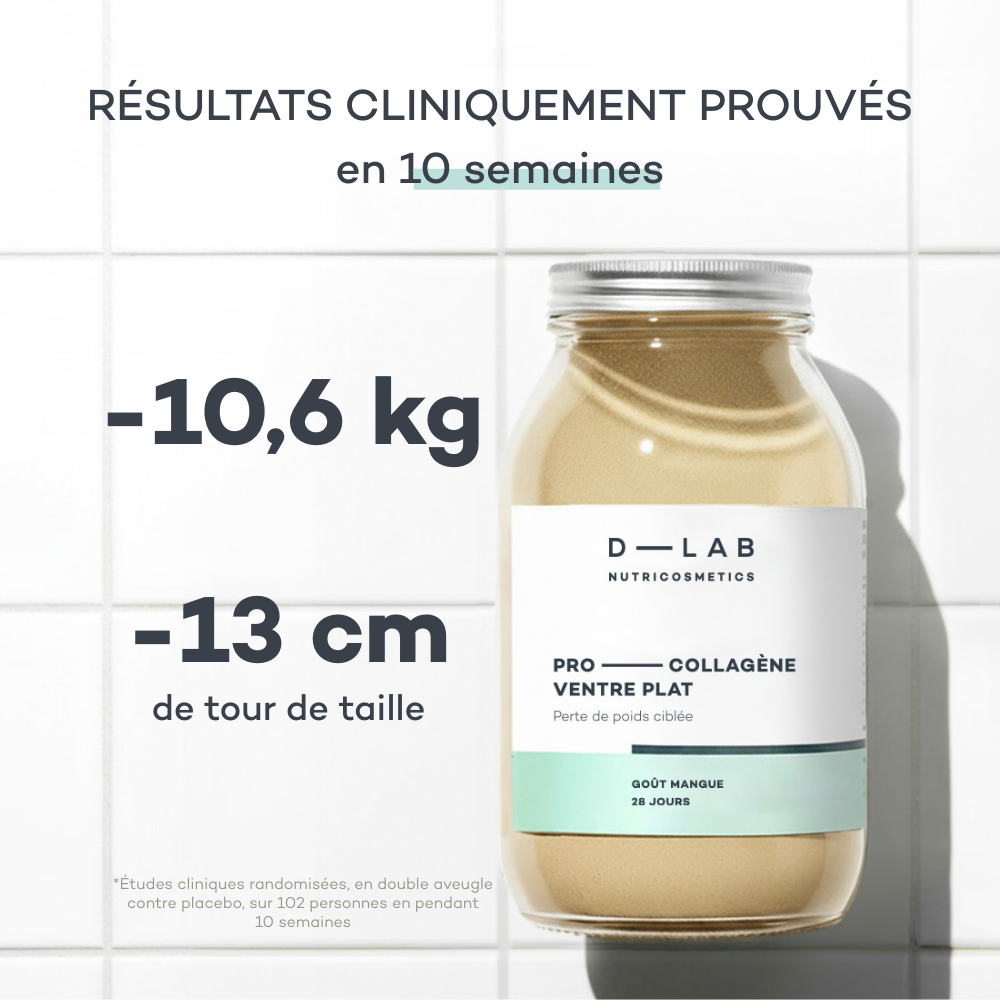 Résultats cliniques du Pro-Collagène Ventre Plat mangue en 10 semaines : -10,6 kg et -13 cm de tour de taille, étude randomisée sur 102 personnes